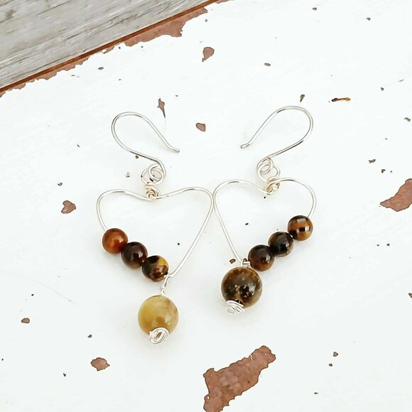 Tigers Eye Gemstone Heart Dangle Earrings, Crystal Jewelry, 2" - Picture 8 of 10